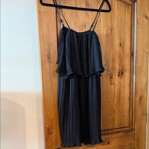 Pleated Spaghetti-Strap Midi Dress in Black